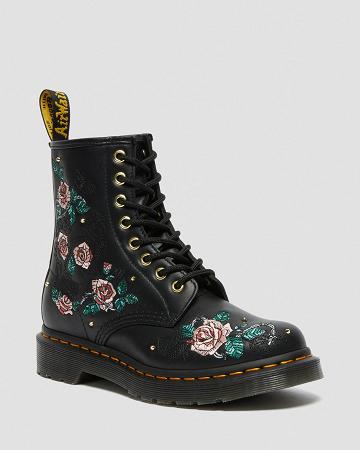 Black Women's Dr Martens 1460 Vonda Floral Leather Lace Up Boots | CA 214UZG